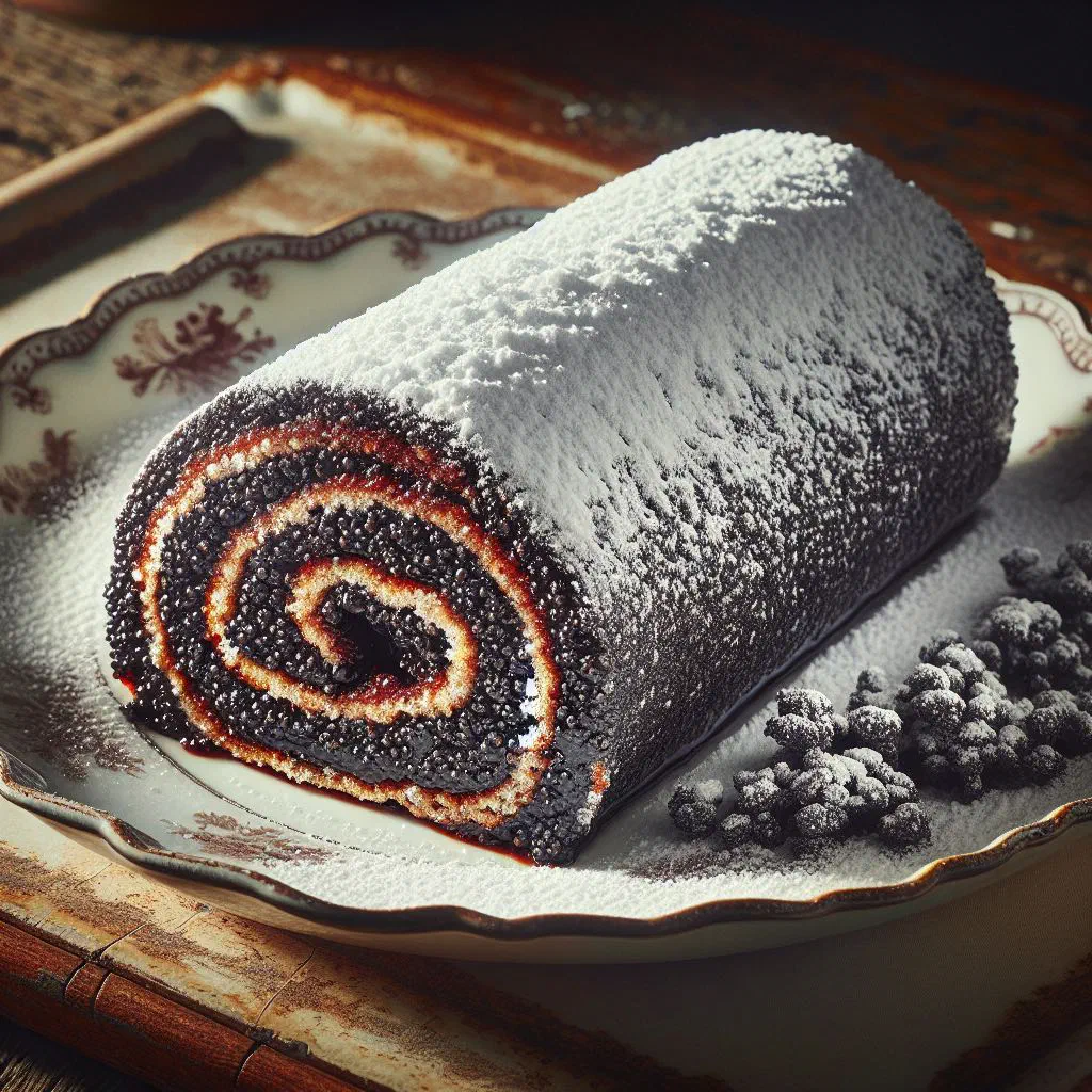 Slice of poppy seed roulade filled with whipped cream