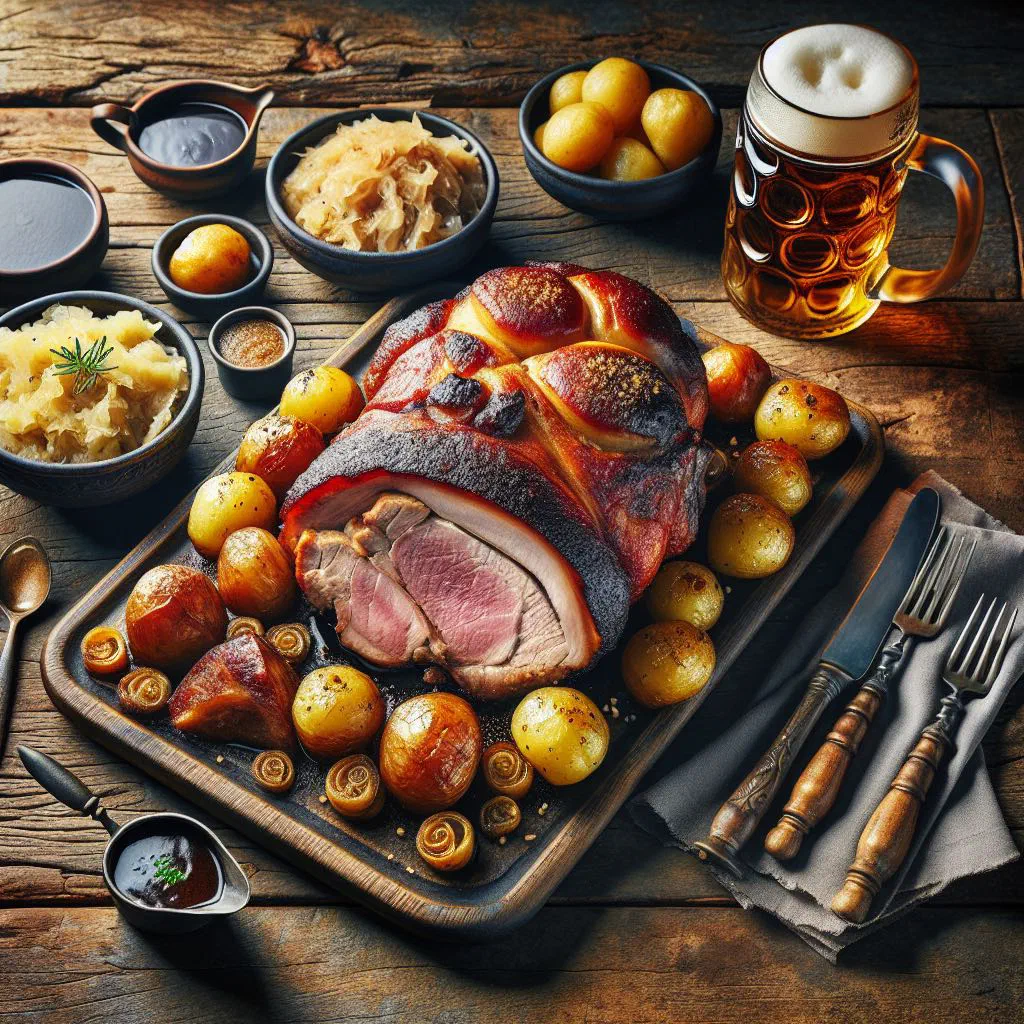 Austrian pork roast with crisp crackling, sliced and served with gravy