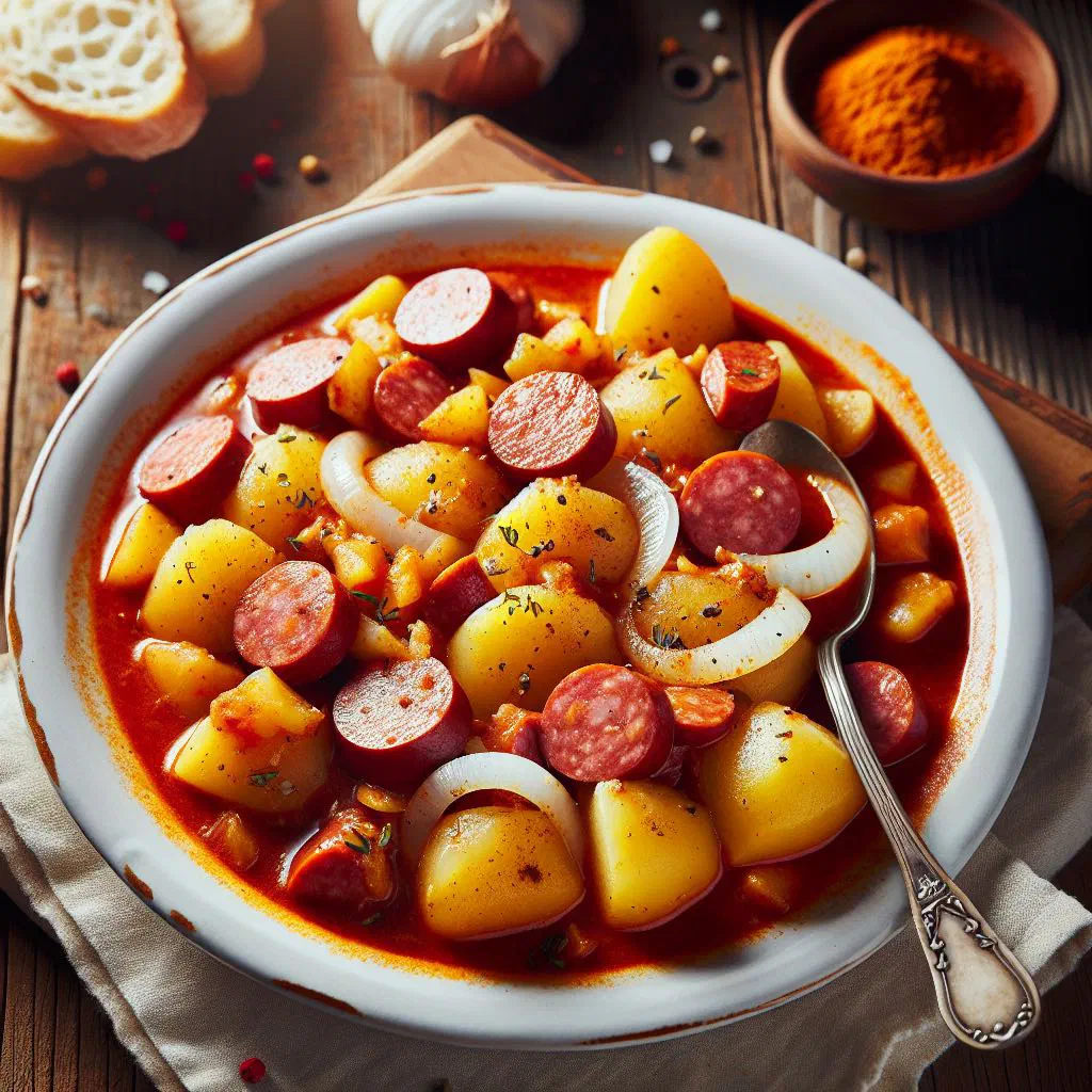 A bowl of Austrian potato goulash garnished with fresh parsley