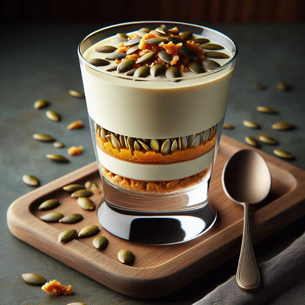 Creamy pumpkin seed parfait topped with toasted pumpkin seeds