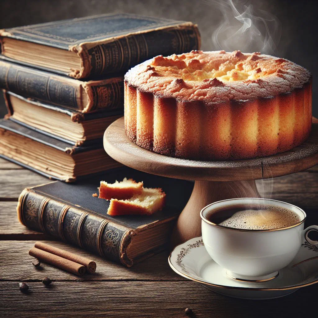 A golden quick cake dusted with icing sugar, sliced and ready to serve