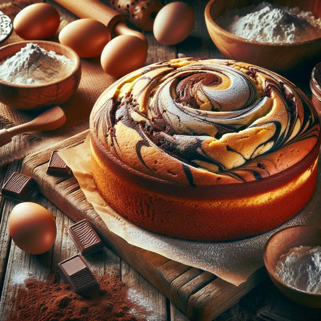 Sliced marble cake showing the swirled chocolate and vanilla pattern