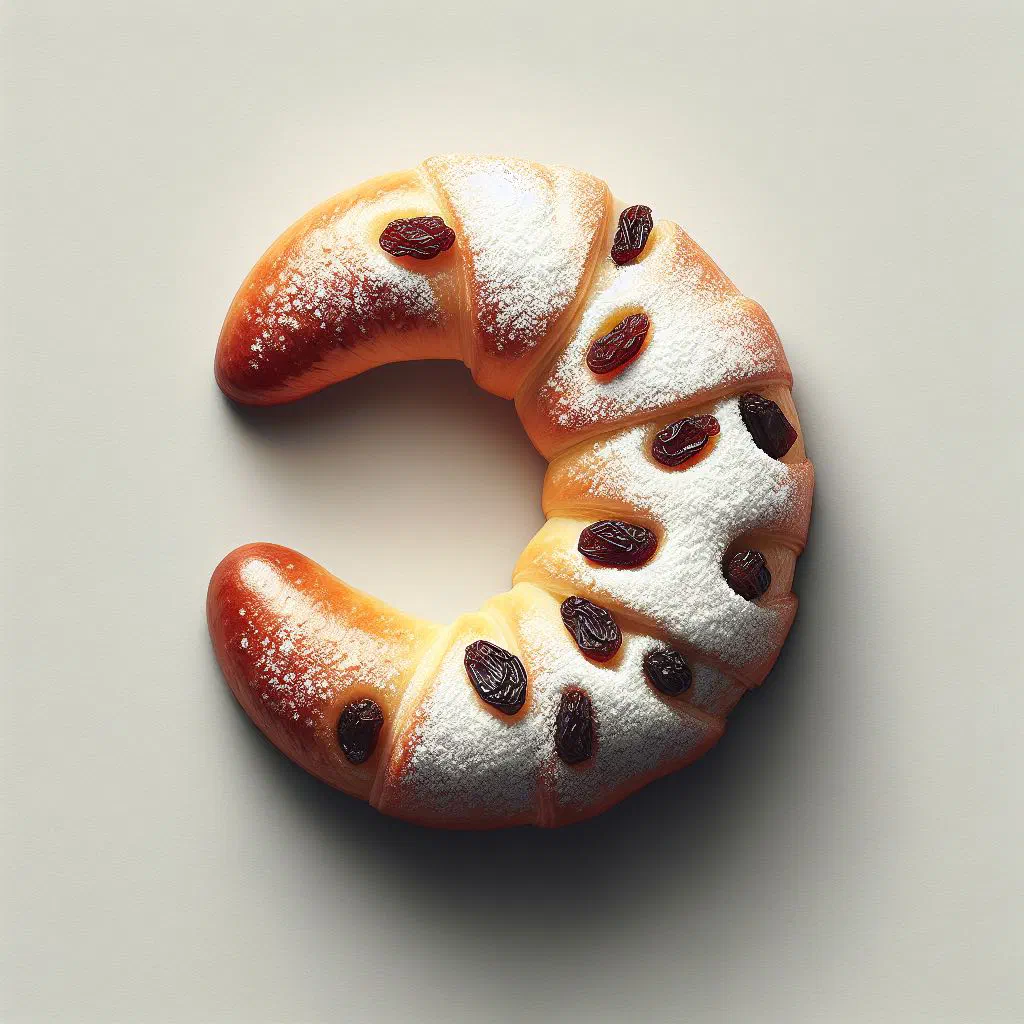 Golden raisin crescents dusted with icing sugar on a plate