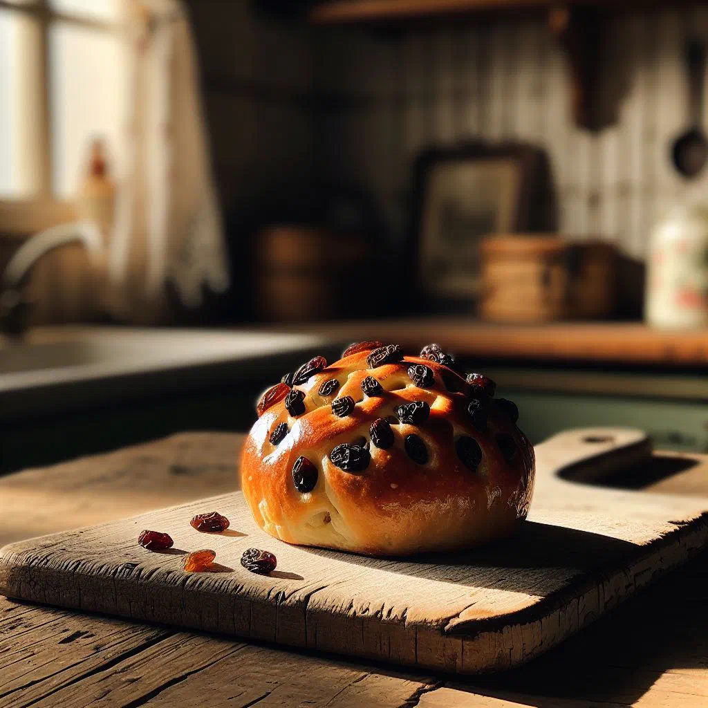 Golden Austrian raisin rolls dusted with icing sugar on a wooden board