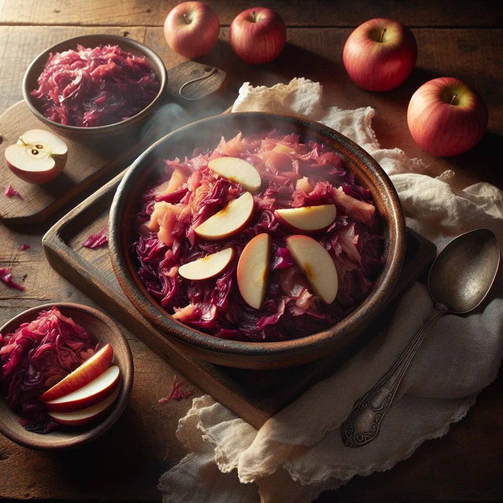 Braised red cabbage with apples in a serving bowl