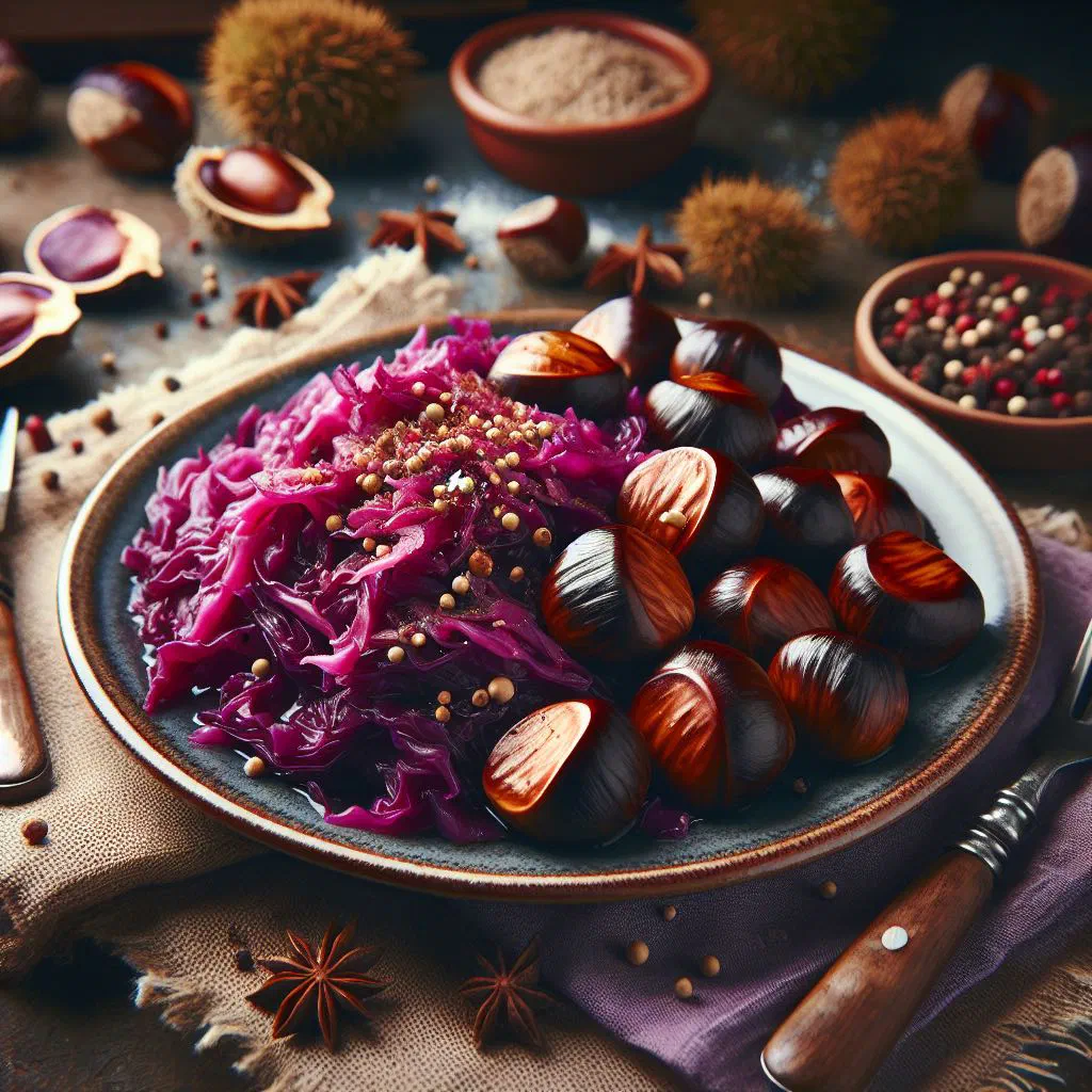 Braised red cabbage with chestnuts and apple in a bowl