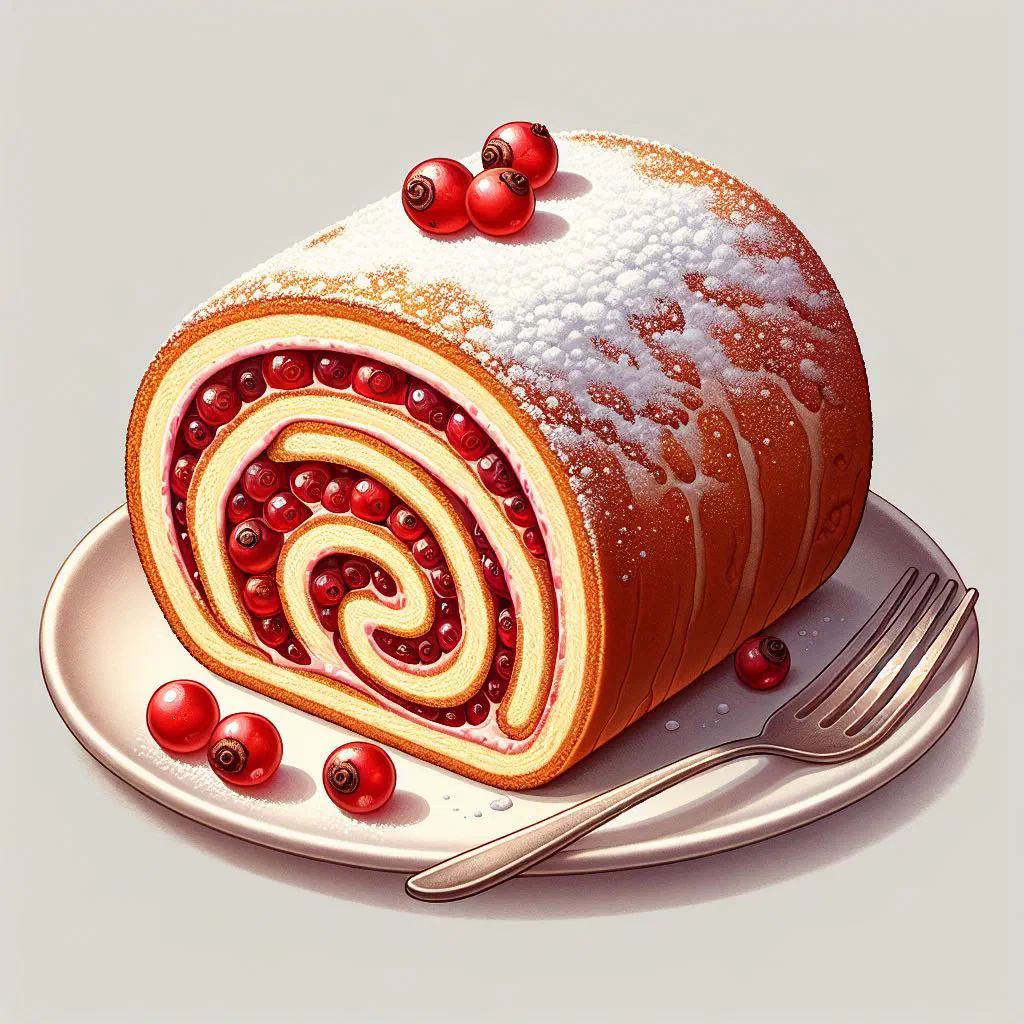 Slices of redcurrant sponge roulade dusted with icing sugar