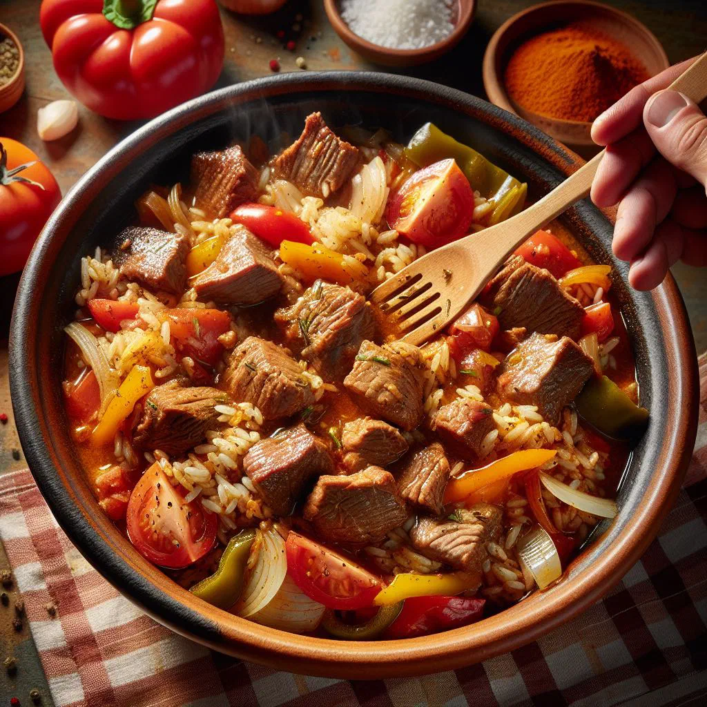 Austrian Reisfleisch with tender beef and rice garnished with parsley