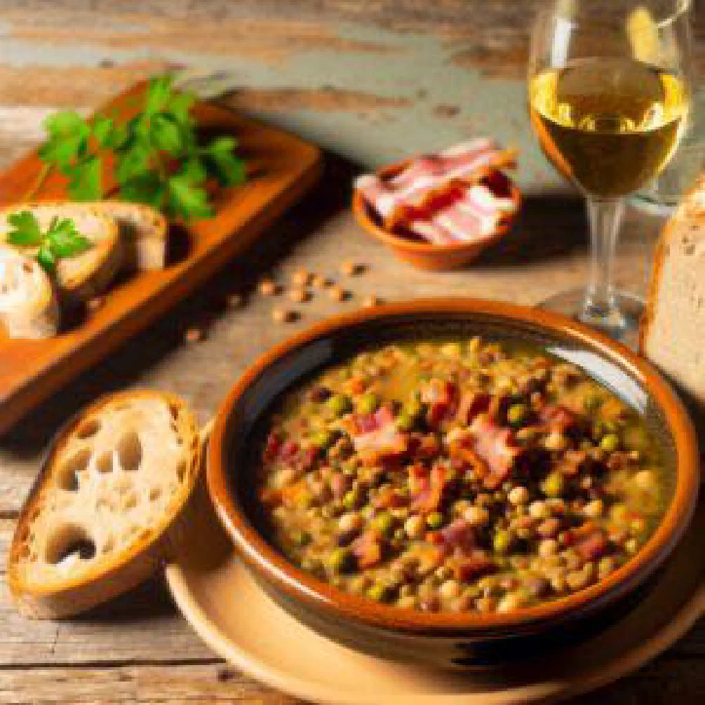 A rustic bowl of Ritschert, an Austrian barley and bean stew with smoked pork