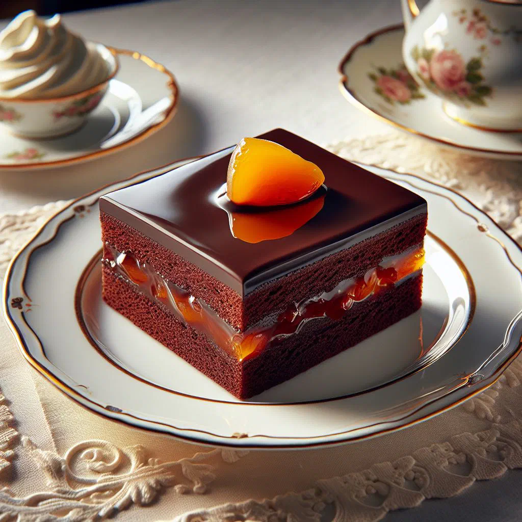 Sacher slices with glossy dark chocolate glaze and apricot jam filling