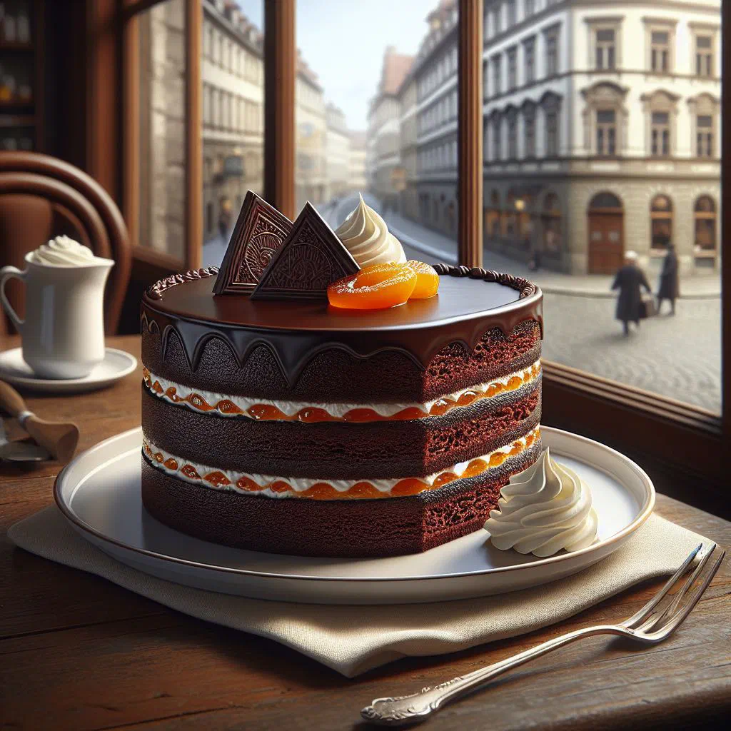A slice of Sachertorte with glossy chocolate glaze and a layer of apricot jam