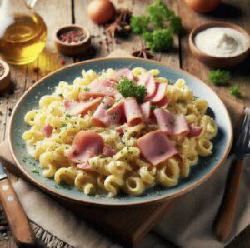 Golden-baked ham rolled in bread dough, sliced and served