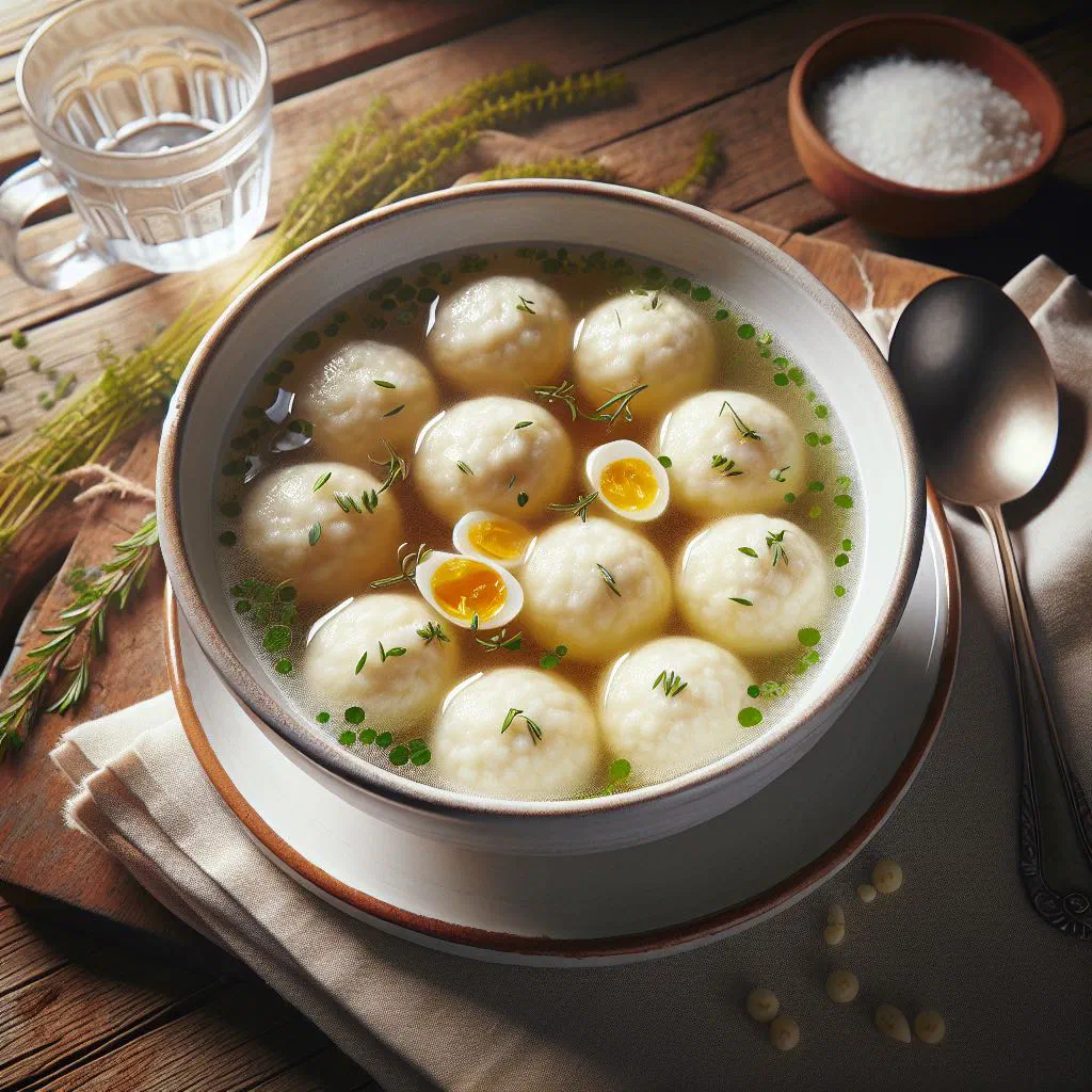Semolina dumplings floating in a clear broth, garnished with parsley