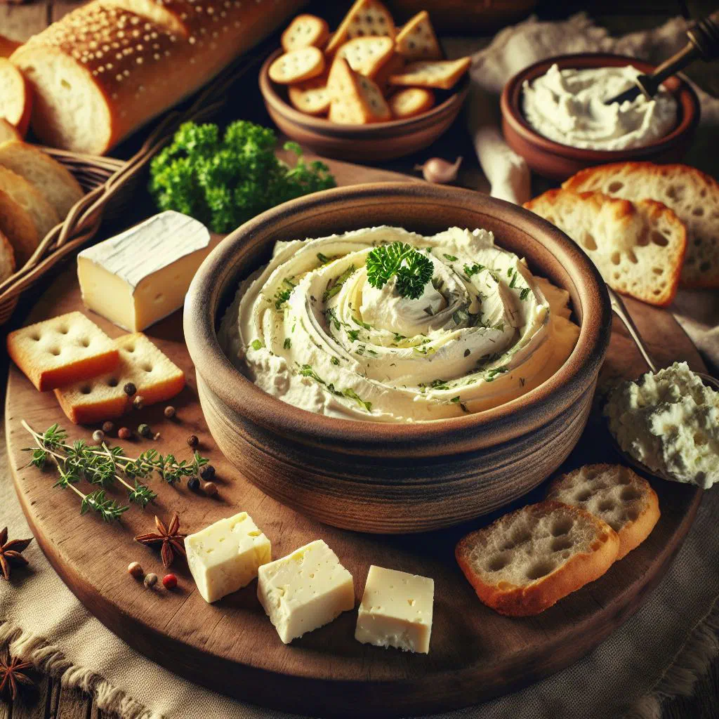Creamy sheep's cheese spread in a bowl topped with fresh herbs and olive oil