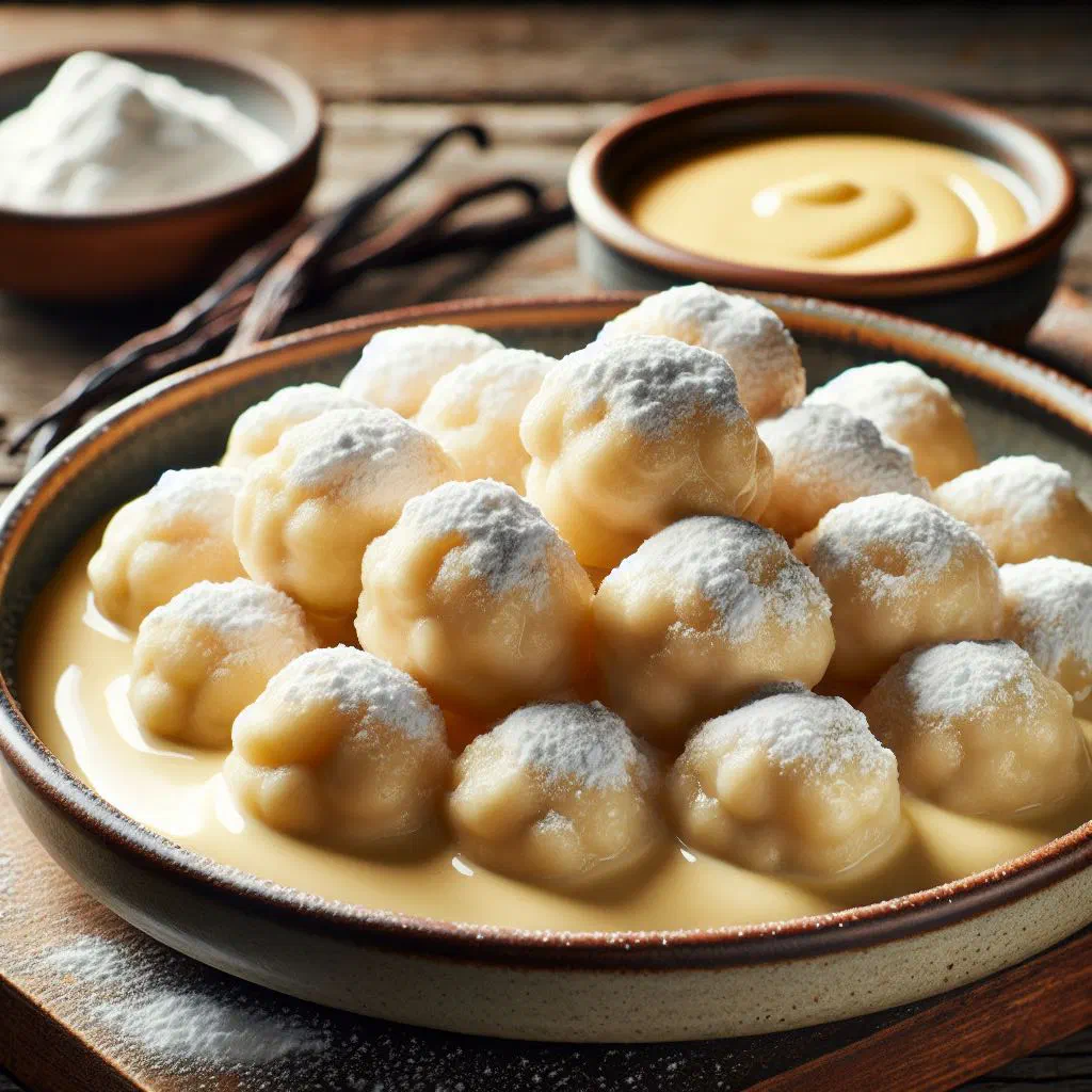 Poached snow dumplings floating in vanilla sauce dusted with cinnamon