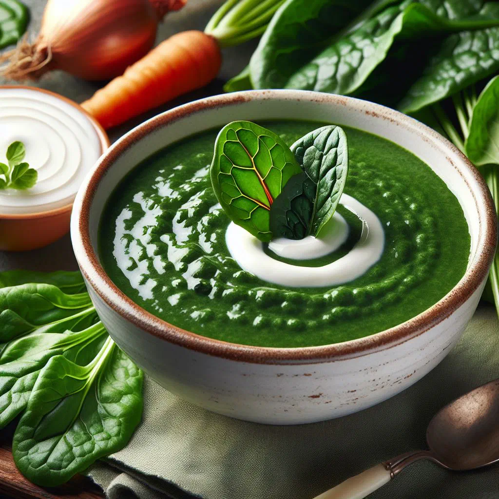 A bowl of creamy green sorrel soup garnished with fresh sorrel leaves