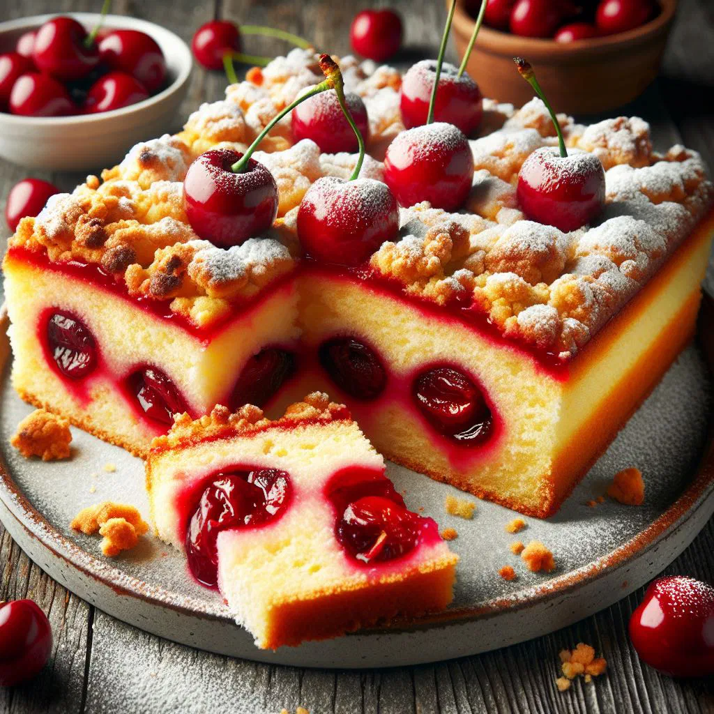 Slice of Austrian sour cherry cake dusted with icing sugar