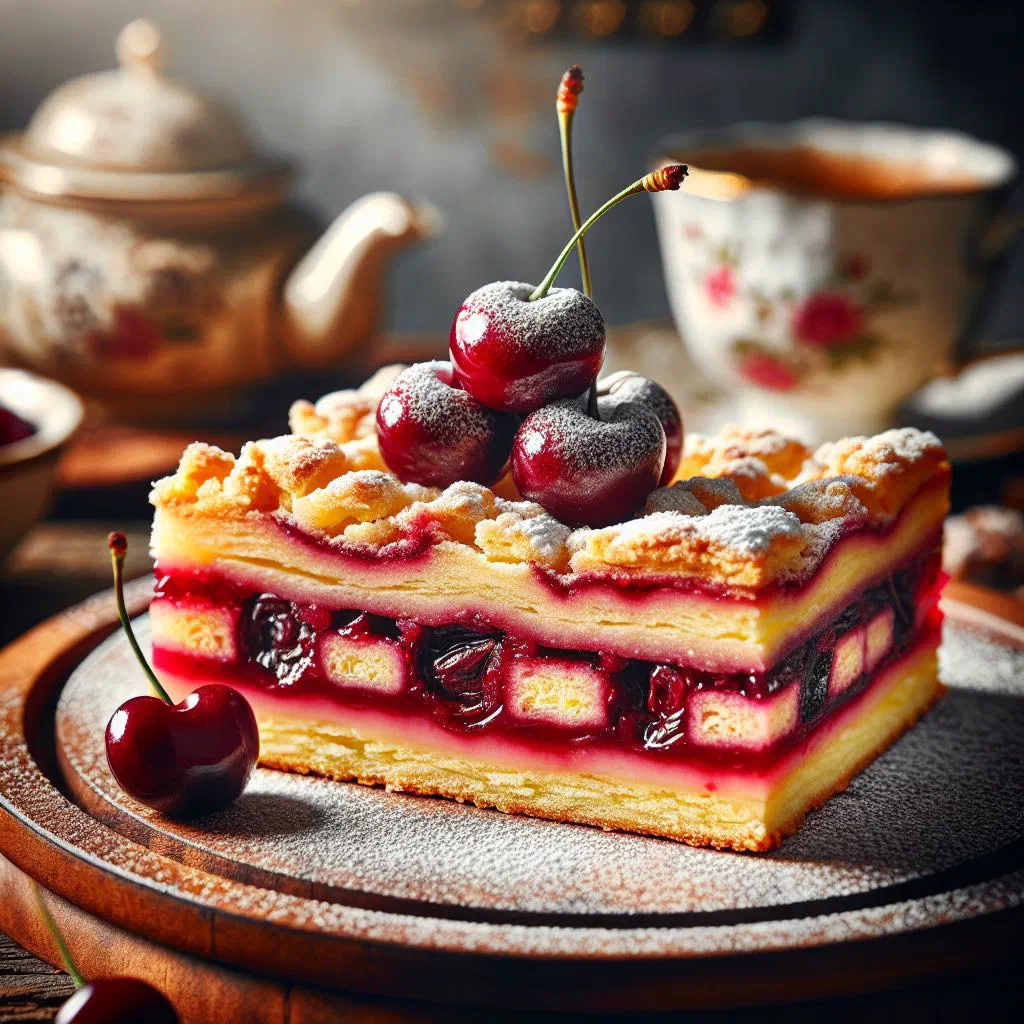 Squares of Austrian sour cherry slices dusted with icing sugar
