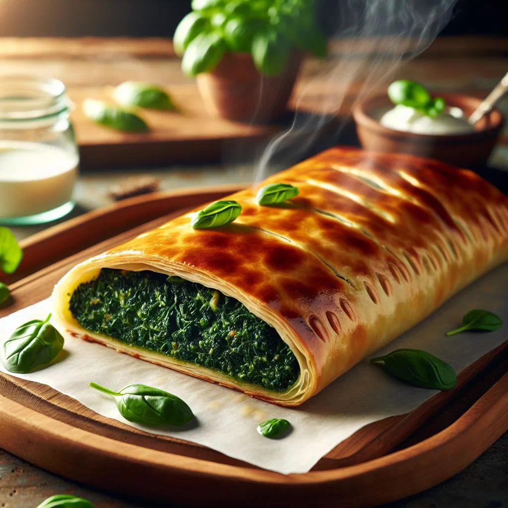 Golden baked spinach strudel sliced to show the creamy spinach and cheese filling
