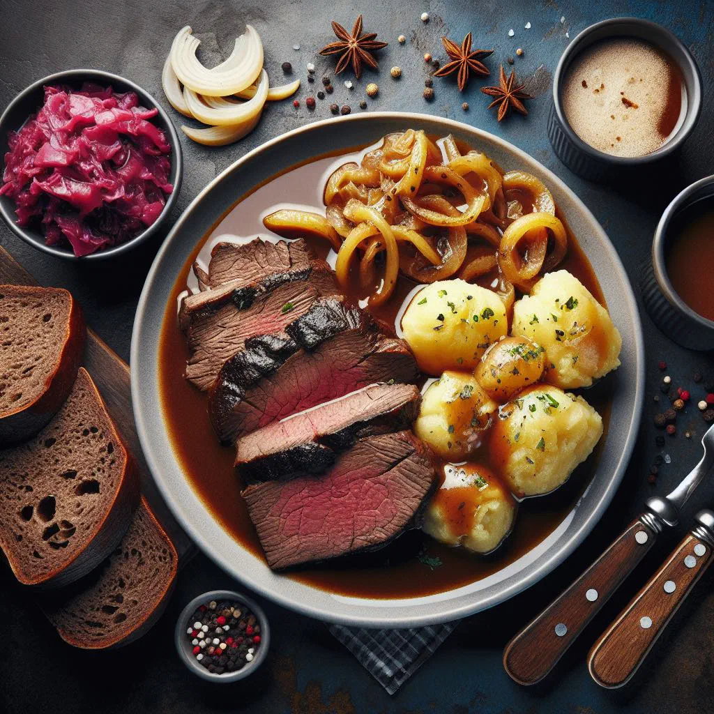 Sliced Stefanie roast served with rich gravy and vegetables
