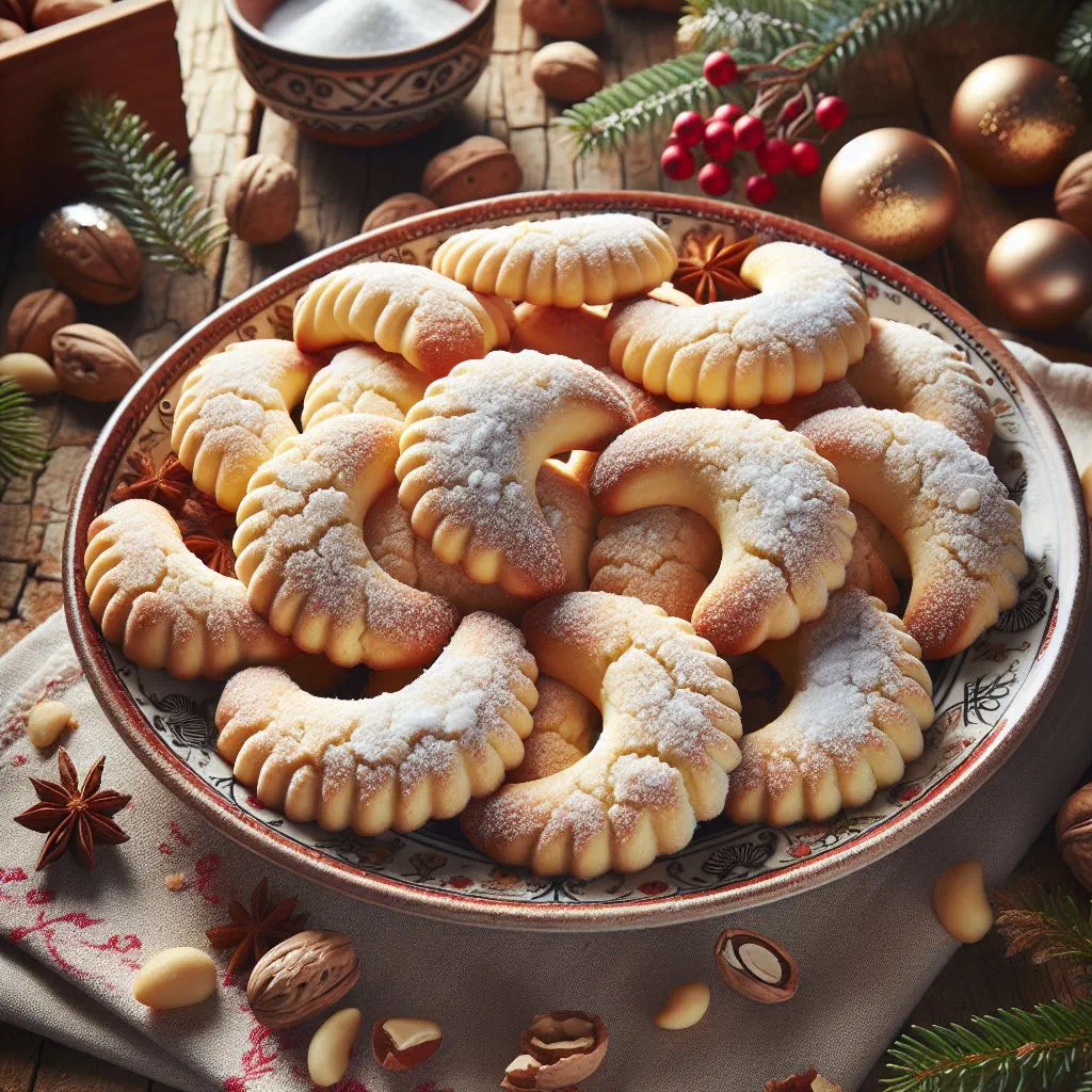 Crescent-shaped vanilla biscuits dusted with icing sugar