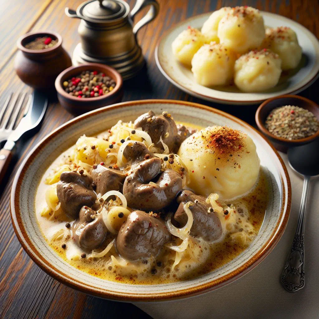 Veal beuschel ragout in a rich sauce served with sliced napkin dumplings