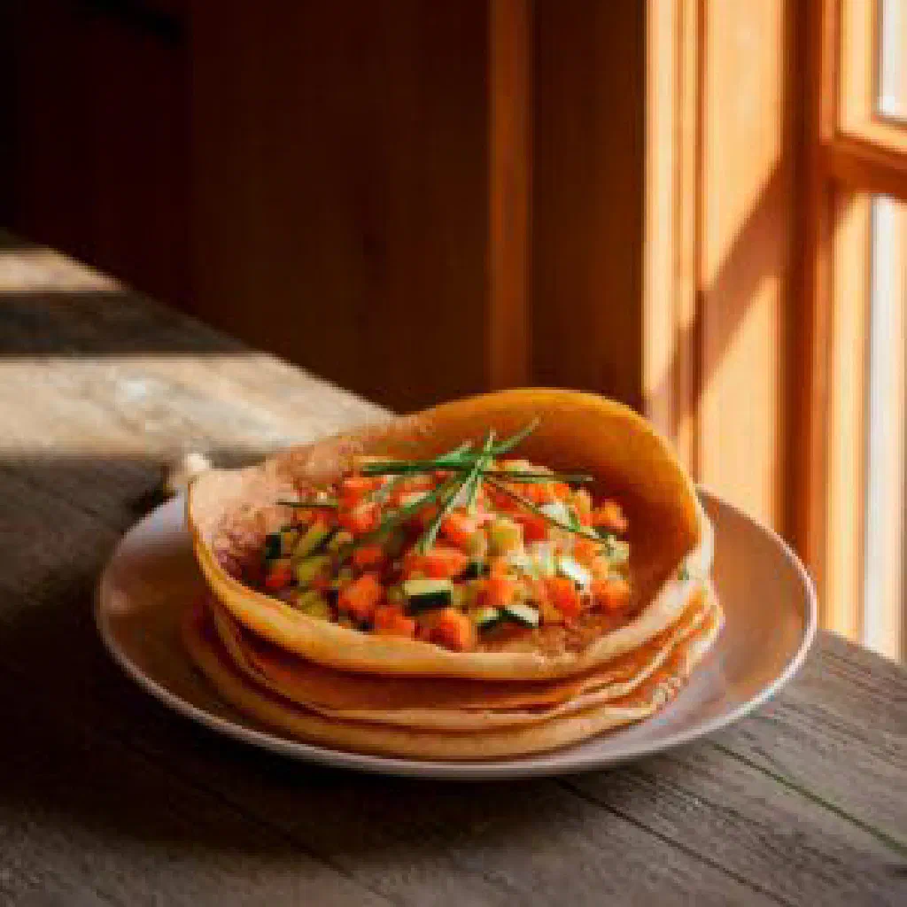 Rolled Austrian vegetable pancakes filled with colourful vegetables on a plate