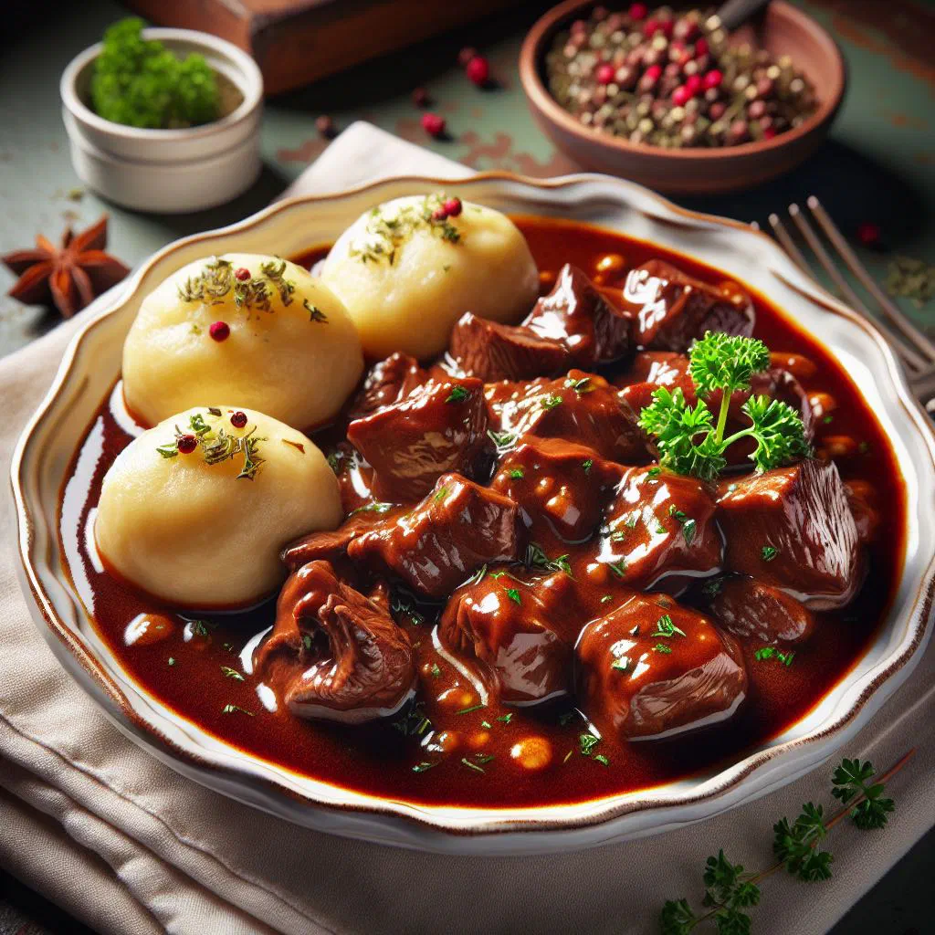 Venison ragout in rich sauce served with sliced napkin dumplings and herbs