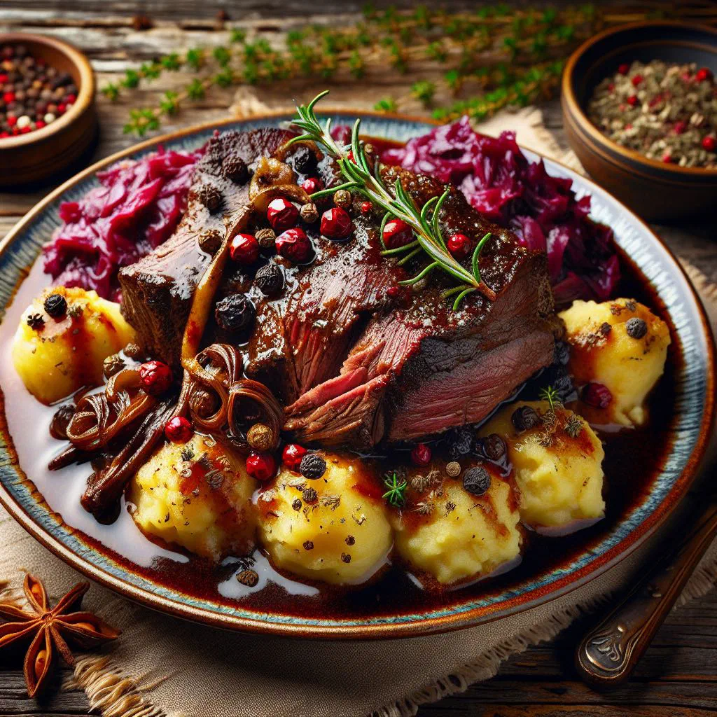 Sliced venison roast with rich sauce and root vegetables on a plate