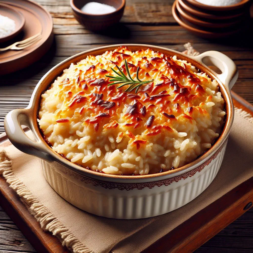 Golden baked Viennese rice pudding dusted with cinnamon and studded with raisins