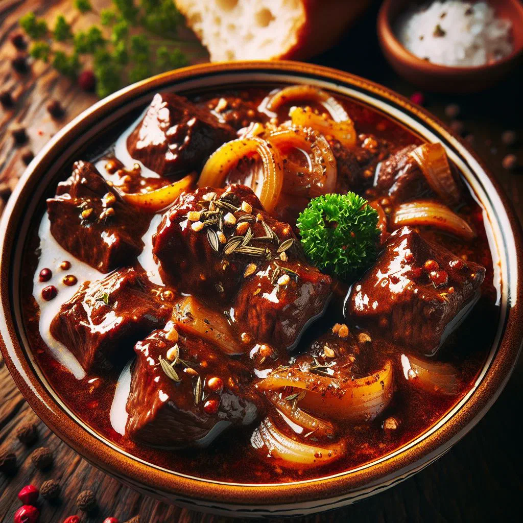 A bowl of Viennese goulash with tender beef in a rich paprika sauce