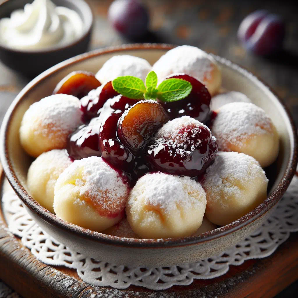 Golden Viennese plum jam pockets dusted with cinnamon sugar on a plate
