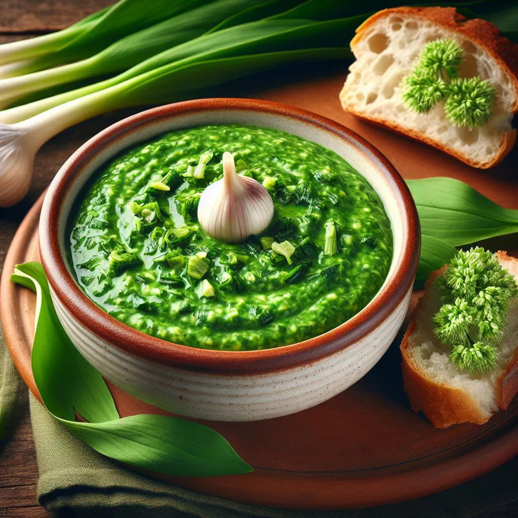 A creamy bowl of wild garlic soup garnished with fresh green leaves