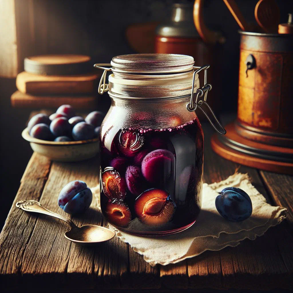 Warm plum compote in a small glass dish with a cinnamon stick