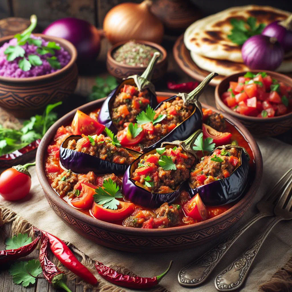 Stuffed aubergine halves baked in tomato sauce and garnished with fresh herbs
