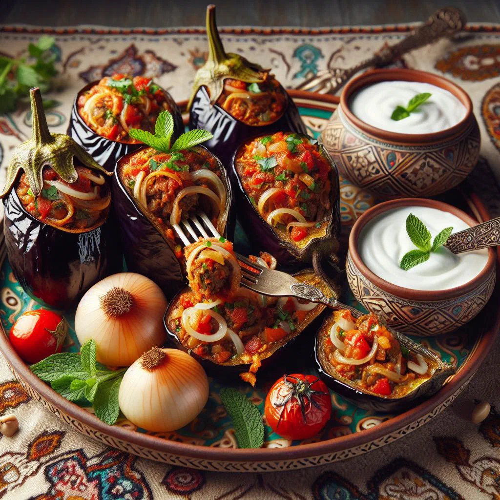 Stuffed aubergine halves with herbed rice filling on a serving plate