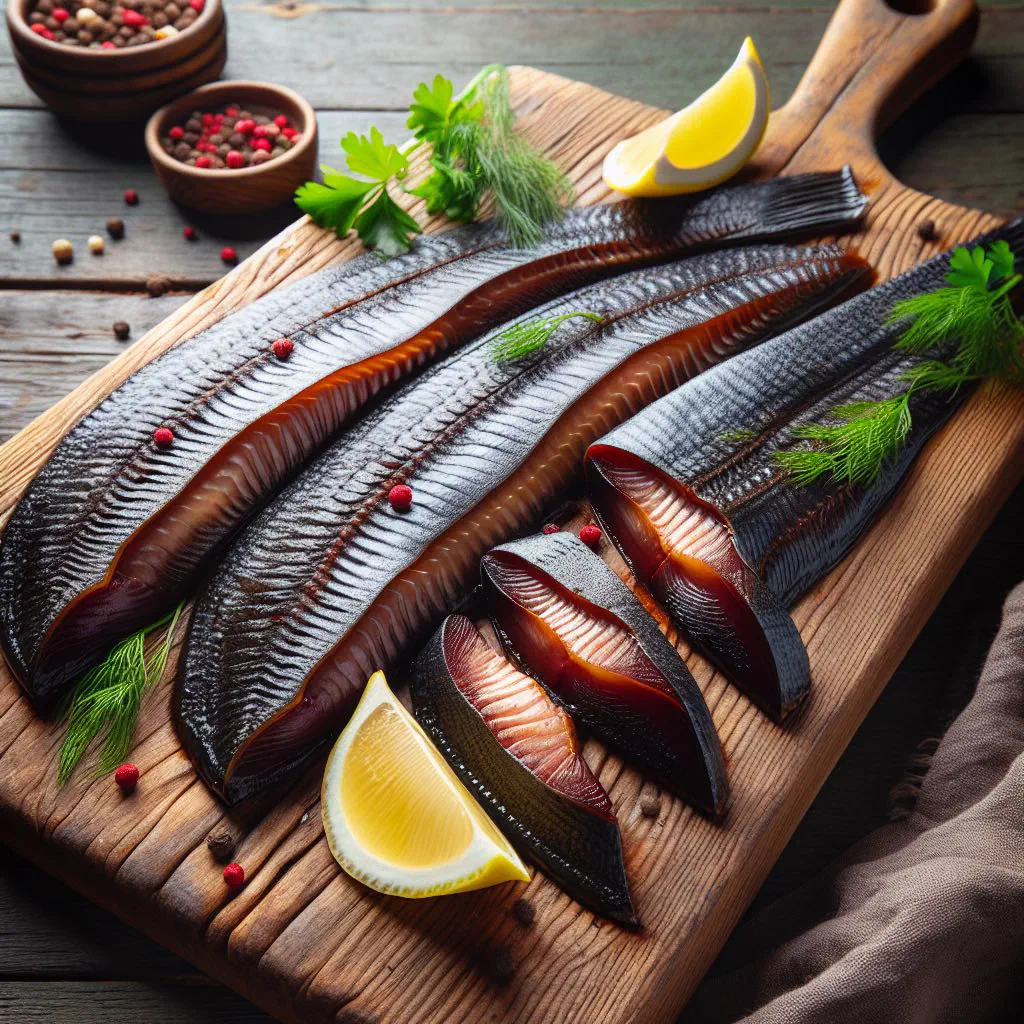 Marinated baked fish fillet garnished with fresh herbs and lemon