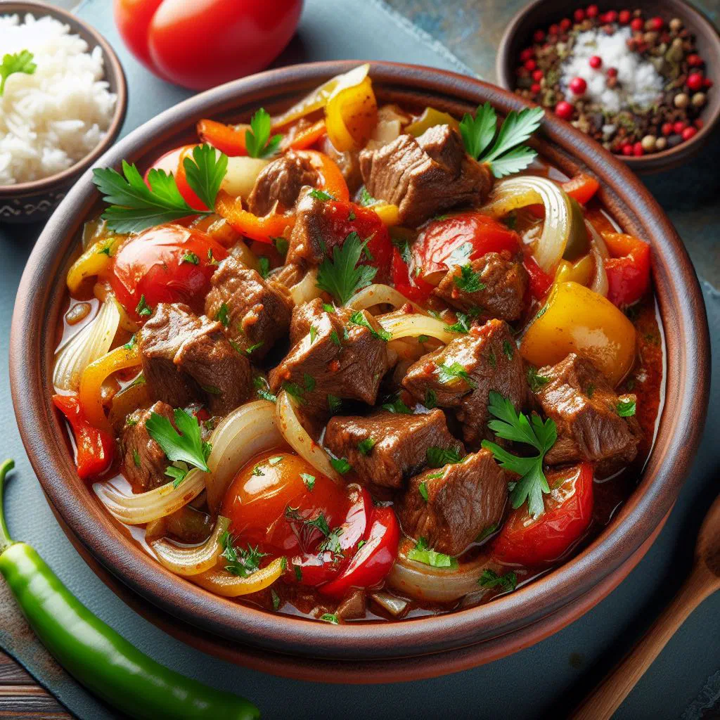 Çoban qovurma stew with lamb, peppers and tomatoes in a pan