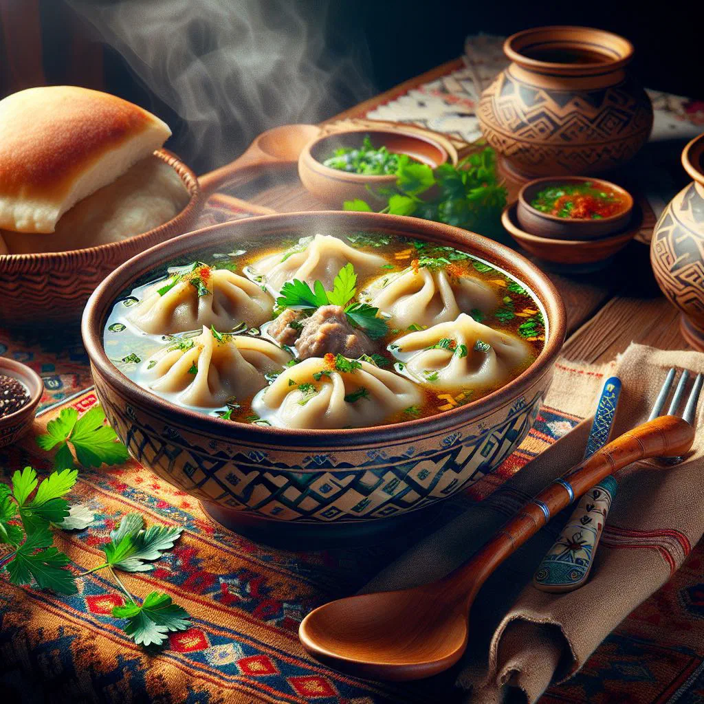 Bowl of Azerbaijani düşbərə dumplings in clear broth garnished with mint