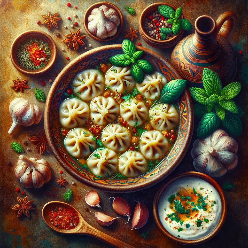 Bowl of dushbara dumplings in clear broth garnished with fresh herbs