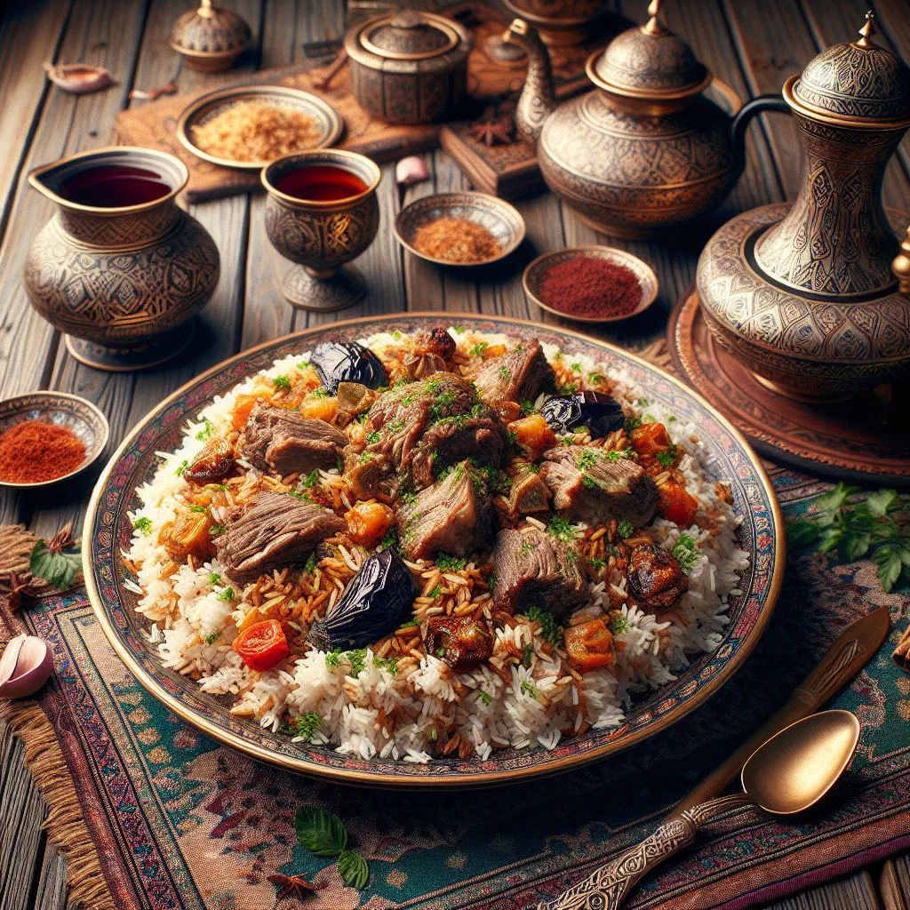 Herbed rice pilaf with lamb, parsley, coriander and dill on a serving plate