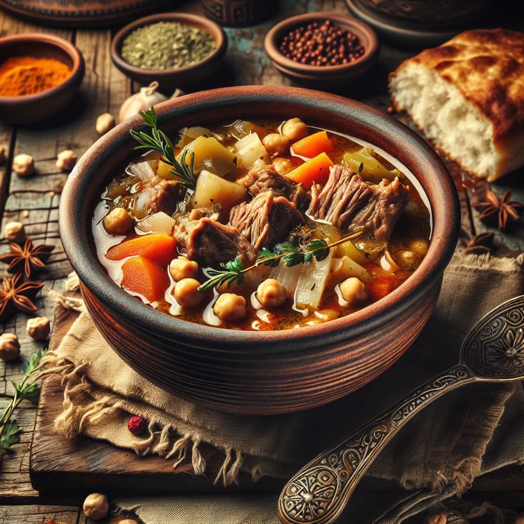 Bowl of Govurma Shorba with tender meat, potatoes and fresh herbs