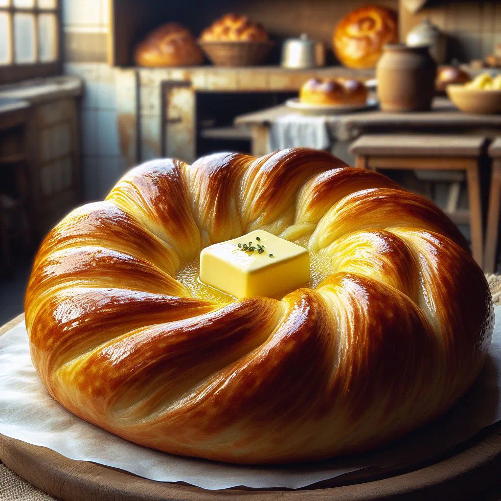 Golden buttery Azerbaijani bread, sliced and served warm on a wooden board