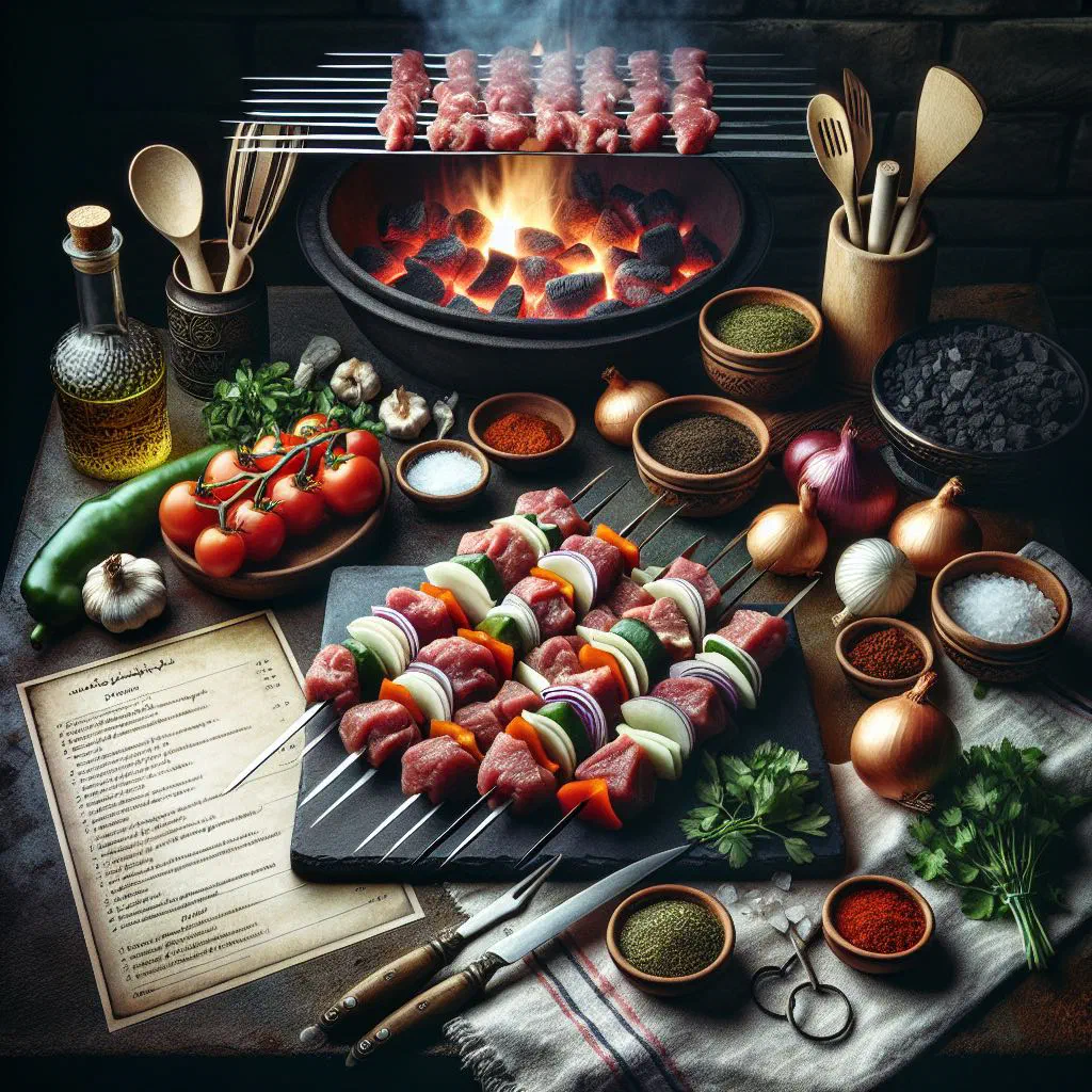 Grilled Azerbaijani kabab skewers with herbs and lemon