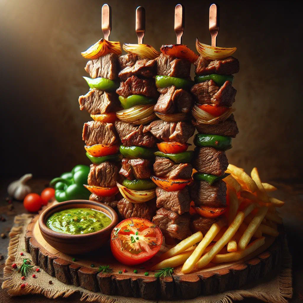 Grilled Azerbaijani kebab skewers with fresh herbs and flatbread