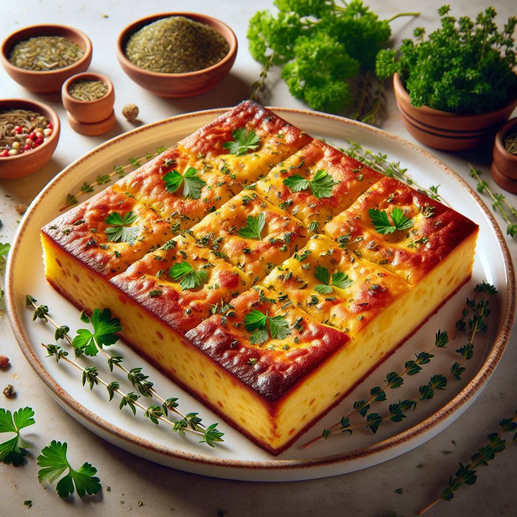 Golden herb kuku cut into wedges and garnished with fresh herbs