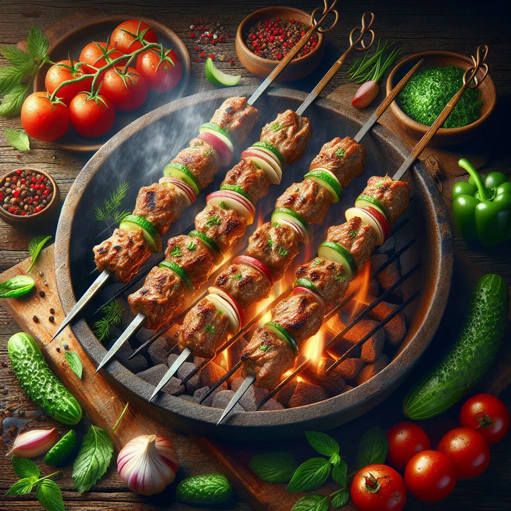 Grilled lyulya kebab skewers with fresh herbs and flatbread