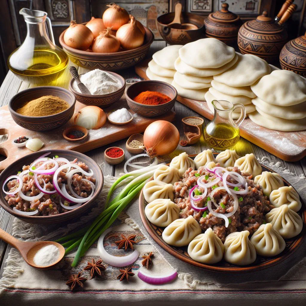 Steamed manti dumplings topped with yoghurt sauce and fresh herbs