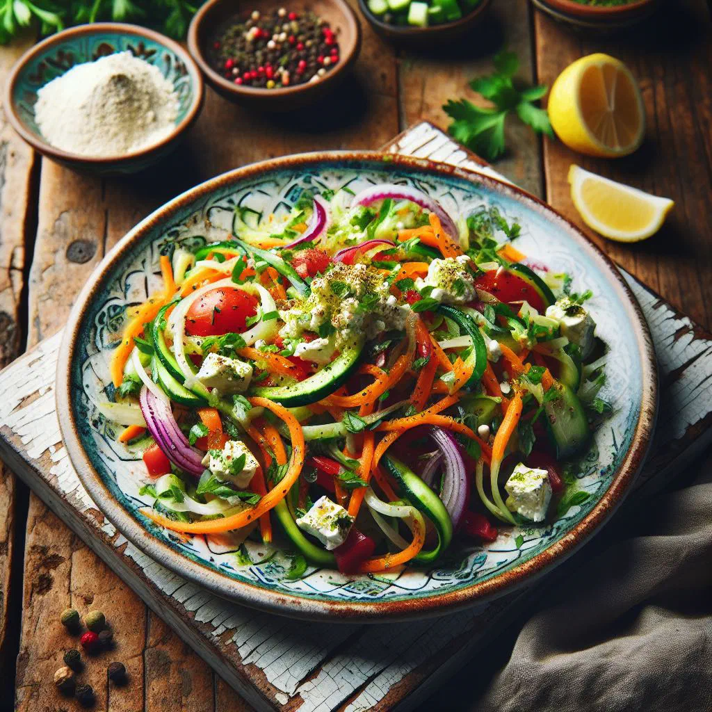 Motal pendir salad with crisp cabbage, cucumber, tomato and crumbled cheese