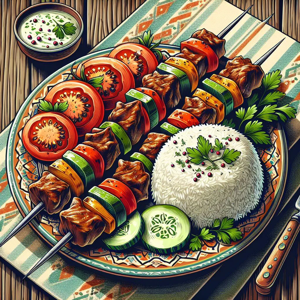 Grilled nardancha kebab skewers with flatbread and fresh herbs